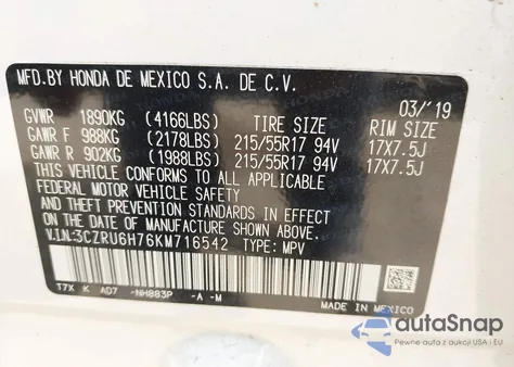 2019 Honda Hr-V Ex-L z USA, uszkodzony, nr VIN 3CZRU6H76KM716542